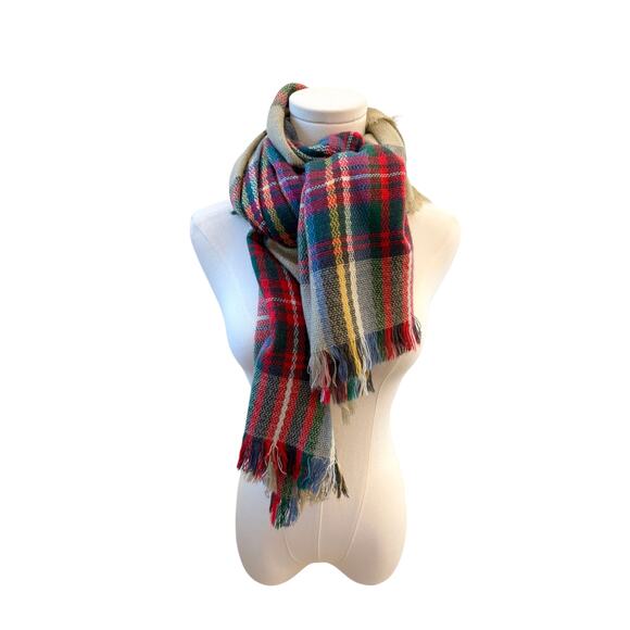 Oversized Plaid Blanket Scarf Shawl Wrap Red Green Tartan Fringe Winter Cozy - Picture 6 of 6